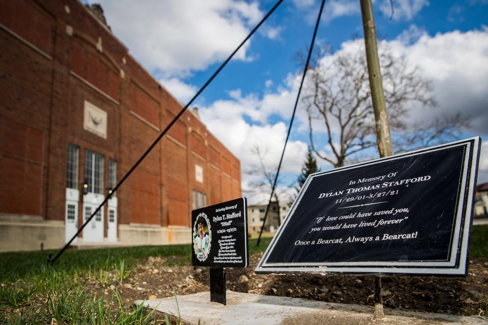 A tree planted as a memorial to former Central student Dylan Stafford outside of the Muncie Fieldhouse Thursday, March 24, 2022. 