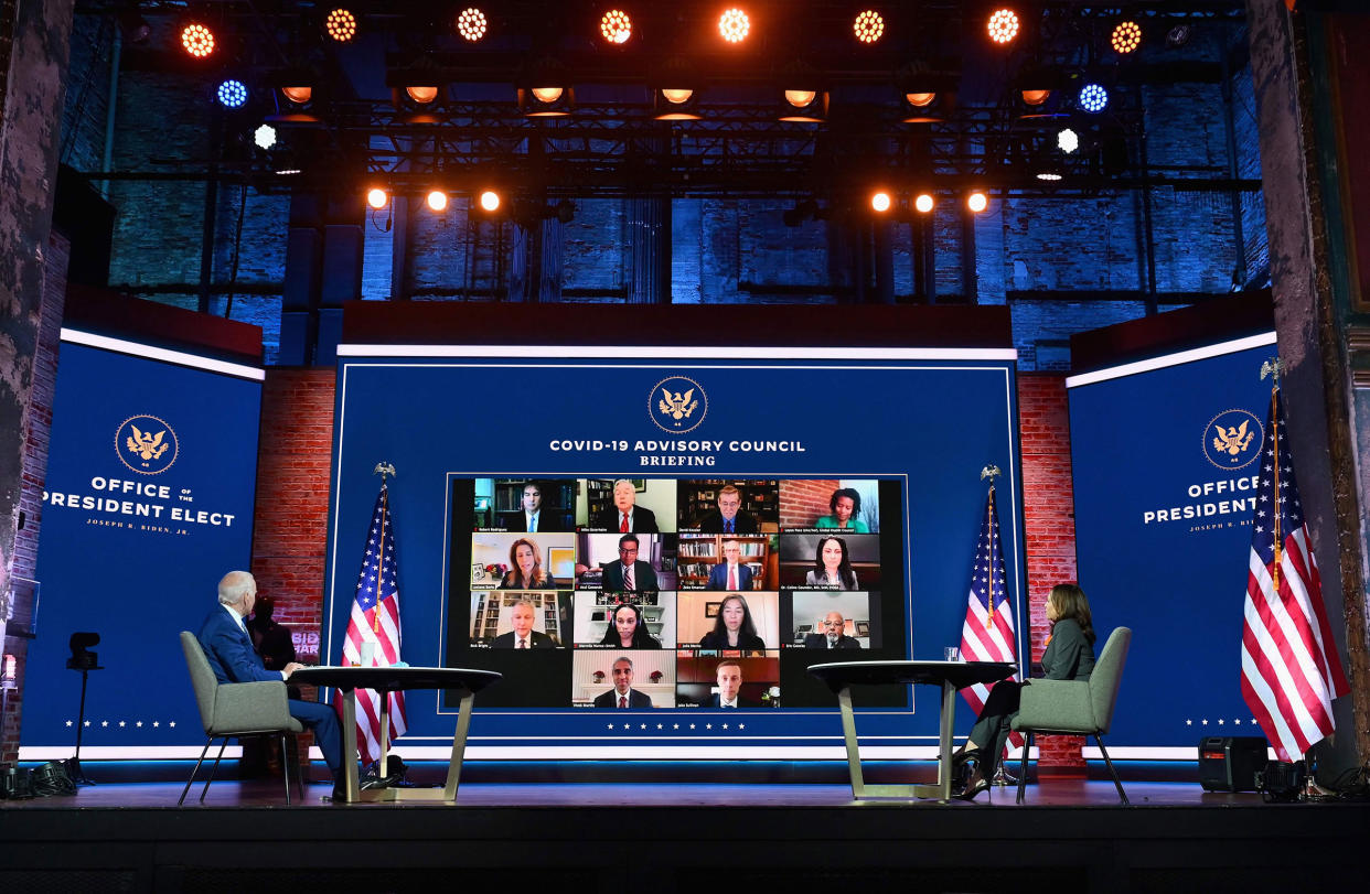 President-elect Joe Biden and Vice President-elect Kamala Harris speak virtually with the Covid-19 Advisory Council during a briefing at The Queen theatre on Nov. 9, 2020 in Wilmington, Del.