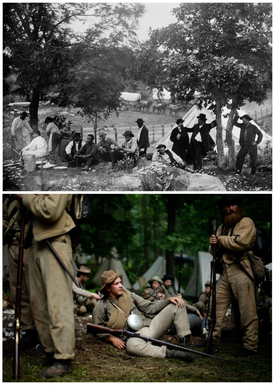 This combination image shows, top, a photo made available by the Library of Congress of the rear view of the camp of Capt. John J. Hoff of the Union Army in Gettysburg, Pa., in July 1865, and bottom, members of the 1st Tennessee waiting to take part in a demonstration of a battle during ongoing activities commemorating the 150th anniversary of the Battle of Gettysburg, Friday, June 28, 2013, at Bushey Farm in Gettysburg, Pa. (AP Photo)