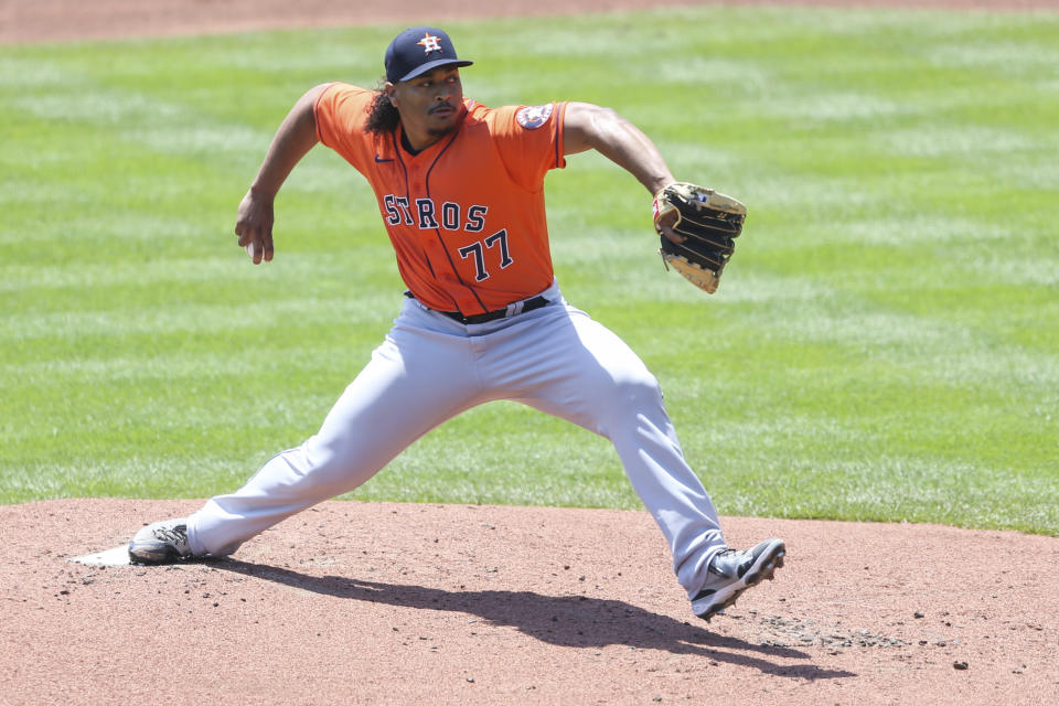 Houston Astros starting pitcher Luis Garcia throws during the first inning of a baseball game against the Toronto Blue Jays in Buffalo, N.Y., Sunday, June 6, 2021. (AP Photo/Joshua Bessex)