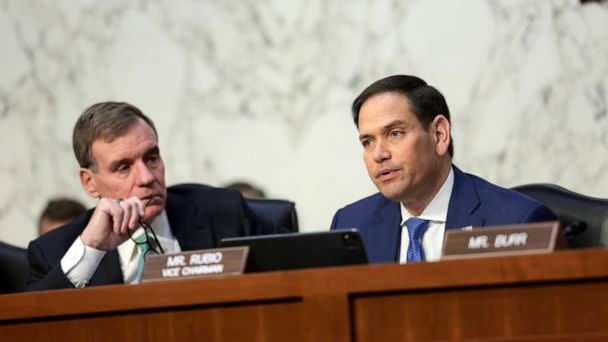 PHOTO: Sen. Mark Warner and Vice Chairman Sen. Marco Rubio listen to testimony from Director of National Intelligence (DNI) Avril Haines during a Senate Intelligence Committee hearing, March 10, 2022, in Washington, DC. (Kevin Dietsch/Getty Images, FILE)