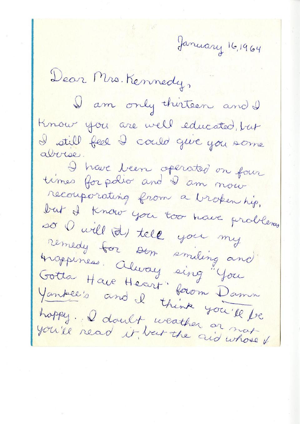 This photo provided by TLC shows the first page of a two page letter that Janis Hirsch wrote to Mrs. Kennedy from the JFK Library. Hirsch's note, among some 800,000 sent to Mrs. Kennedy in the two months after President John F. Kennedy's Nov. 22, 1963, killing in Dallas, is featured along with about 20 others in "Letters to Jackie: Remembering President Kennedy," airing 9 p.m. EST Sunday, Nov. 17, 2013, on TLC. (AP Photo/Courtesy TLC)