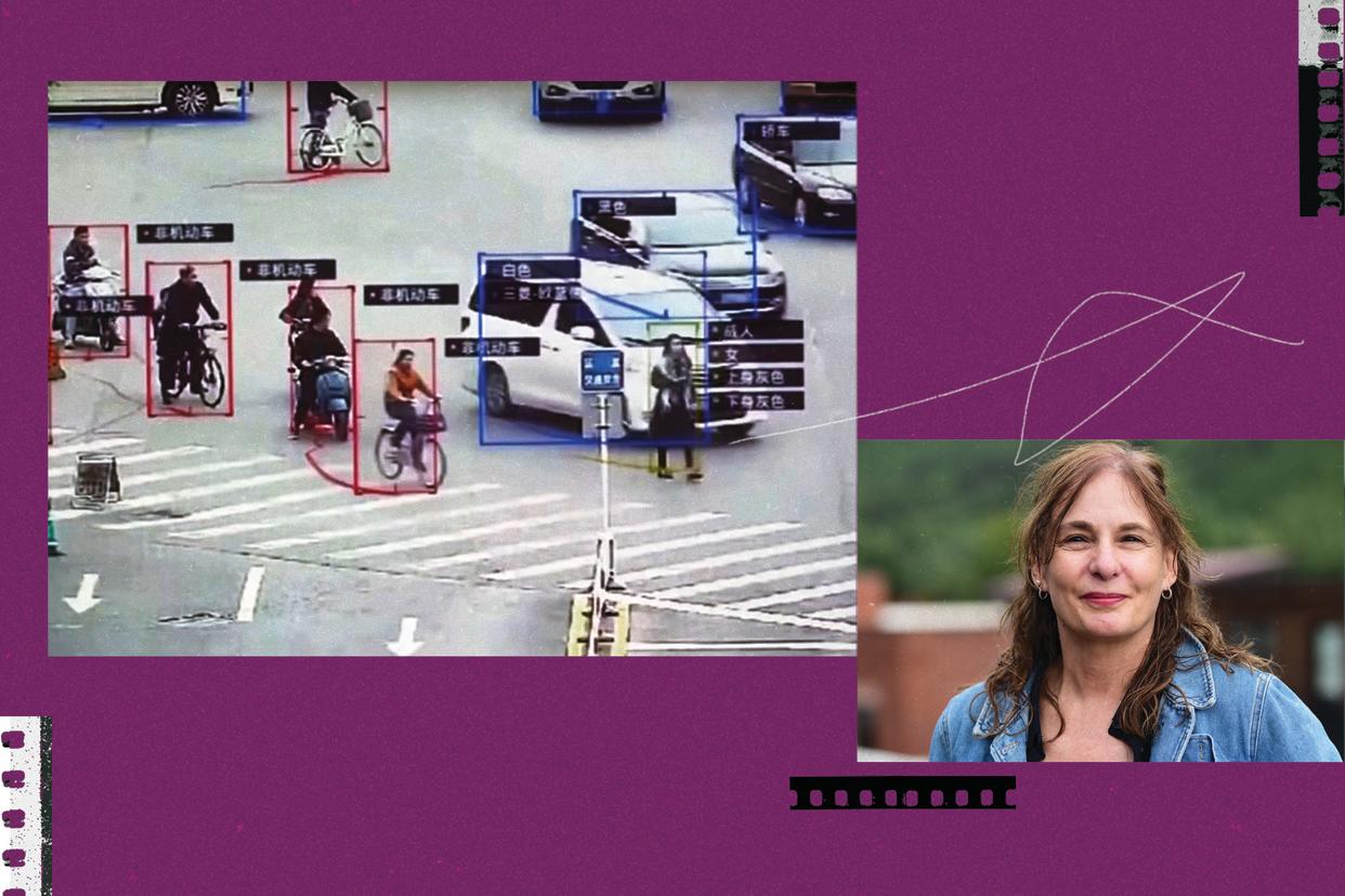 Two images on purple background. One of bicycles and cars with onscreen outlining and labeling and one of a woman.