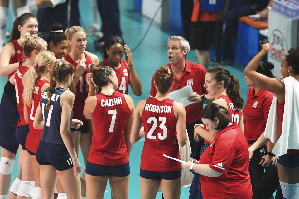 NANJING, CHINA - JULY 07: Head coach Kiraly Karch of the United States speaks to his players during the 2019 FIVB Volleyball Nations League final match between the United States and Brazil at Nanjing Olympic Sports Centre on July 7, 2019 in Nanjing, Jiangsu Province of China. (Photo by VCG/VCG via Getty Images)