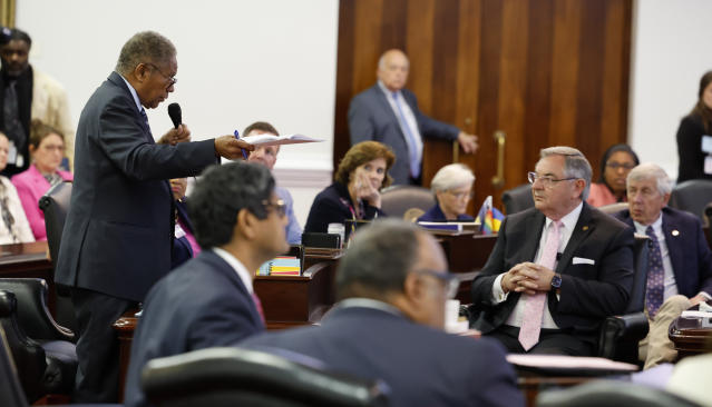 Sen. Dan Blue, D-Wake, speaks on a parliamentary procedure on SB 20, the "Care for Women, Children, and Families Act," at the N.C. Legislature in Raleigh, N.C. Thursday, May 4, 2023. (Ethan Hyman/The News & Observer via AP)