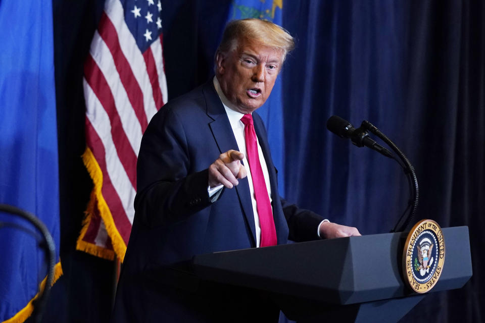 President Donald Trump talks to the media at Trump International Hotel Las Vegas, Wednesday, Oct. 28, 2020, in Las Vegas. (AP Photo/Evan Vucci)