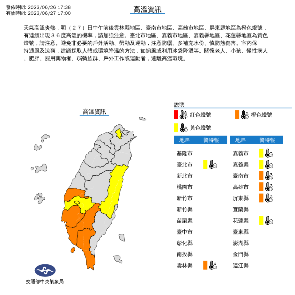 中央氣象局針對8縣市發布高溫特報。（圖取自中央氣象局網站）