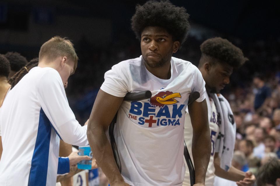 Kyle Cuffe Jr., pictured here this past November, is medically redshirting this season with Kansas basketball. He suffered a knee injury early in the season.