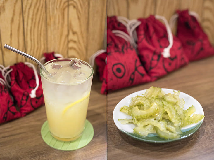 Yuzu Lemon Mojito (left) and Yuzu Bitter Gourd Pickles (right).