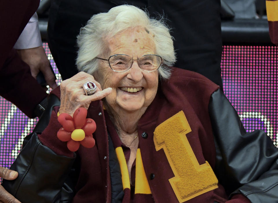 FILE- In this Nov. 27, 2018, file photo, Loyola of Chicago's Sister Jean shows off the NCAA Final Four ring she received before an NCAA college basketball game between Loyola of Chicago and Nevada in Chicago. (AP Photo/Matt Marton, File)