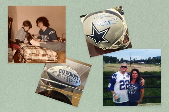 For left, TIME senior correspondent Sean Gregory with his uncle, Cowboys fan Dan Devine, in 1981; a football and Cowboys helmet, signed by former Dallas tight end <a class="link " href="https://sports.yahoo.com/nfl/players/6405" data-i13n="sec:content-canvas;subsec:anchor_text;elm:context_link" data-ylk="slk:Jason Witten;sec:content-canvas;subsec:anchor_text;elm:context_link;itc:0">Jason Witten</a>, in Devine's home office; Devine and his wife, Michelle, in Arlington, Texas in 2016. <span class="copyright">Courtesy of Susan Gregory; Courtesy of Michelle Devine (3)</span>