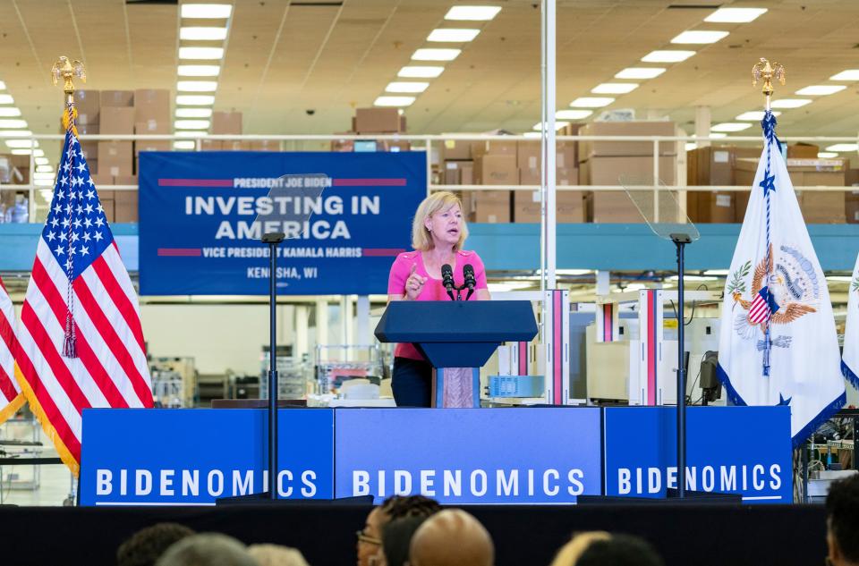 U.S. Senator Tammy Baldwin makes opening remarks for Vice President Kamala Harris visit to Sanmina Corporation, where she spoke on the Biden-Harris Administration’s efforts to invest in high-speed internet, boost domestic manufacturing, and create jobs on Thursday August 3, 2023 in Pleasant Prairie, Wis.
