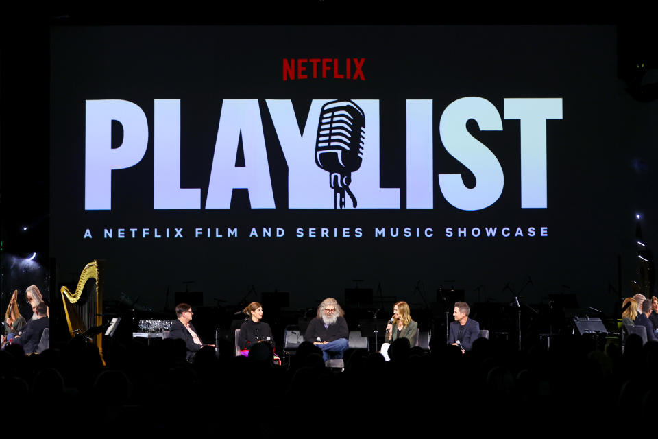 L to R: Tony D’Alessandro and music supervisors Alexandra Patsavas, George Drakoulias, Jen Malone, and Steven Gizicki onstage at Playlist 2022: A Netflix Film & Series Music Showcase (Photo by Matt Winkelmeyer/Getty Images for Netflix)