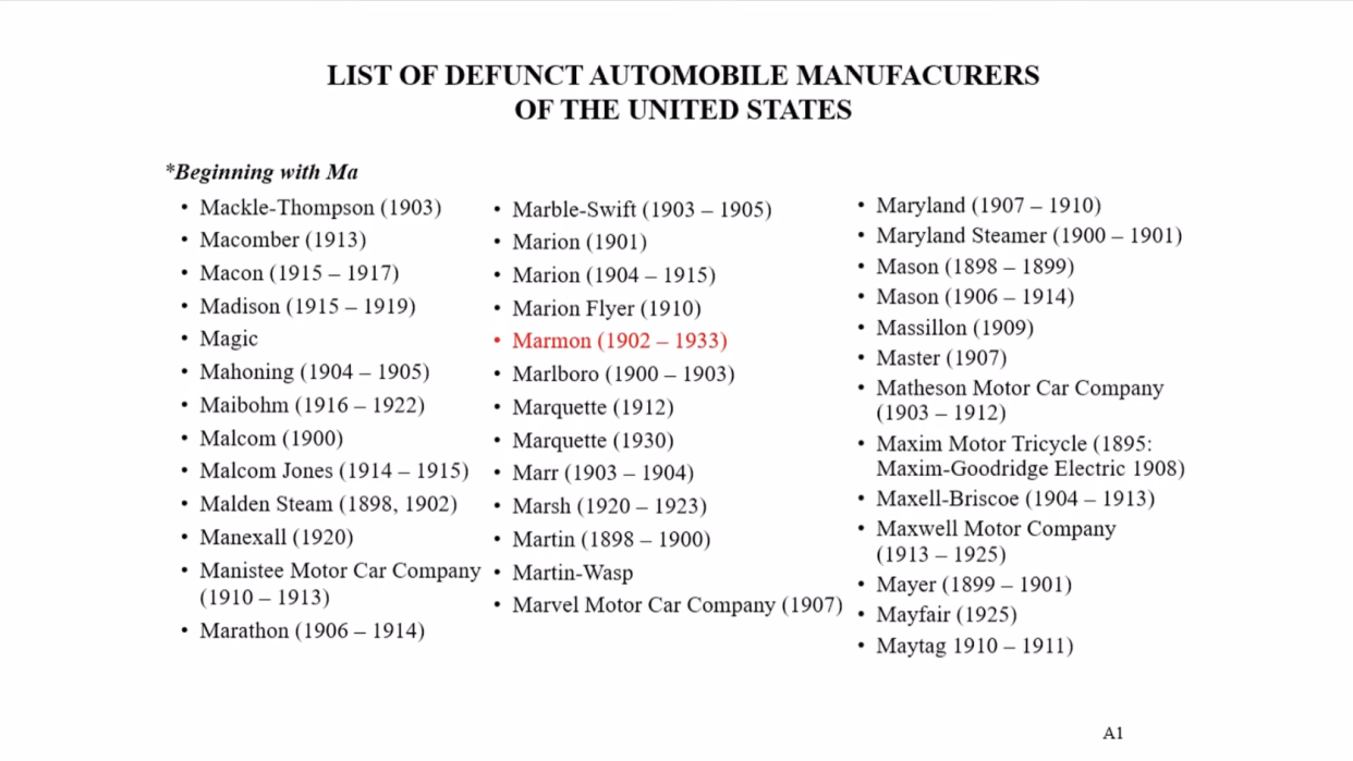 Buffett shows a list of defunct car makers starting with the letter 