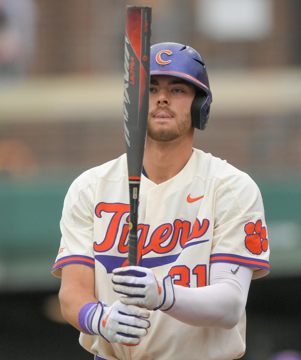 Clemson freshman Caden Grice(31) gets ready to bat against South Carolina junior CJ Weins(45) during the bottom of the first inning at Doug Kingsmore Stadium in Clemson Tuesday, May 11,2021.