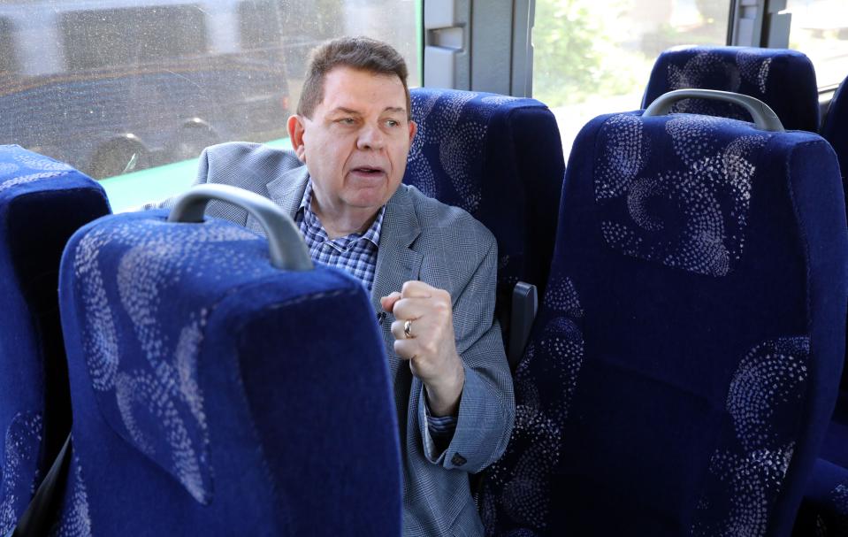 Floyd Lapp, a planner, shares his impressions of the Hudson Link bus ride, a form of Bus Rapid Transit (BRT), from the Palisades Center to White Plains April 24, 2019. Lapp, who took the ride for the first time, found crossing the Mario M. Cuomo Bridge to be the only part considered to be BRT.