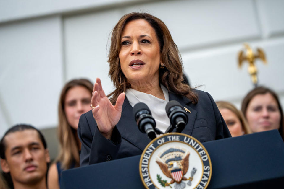 Kamala Harris steht mit dem Präsidentensiegel an einem Podium und spricht in Mikrofone. Im Hintergrund sind die Menschen unscharf