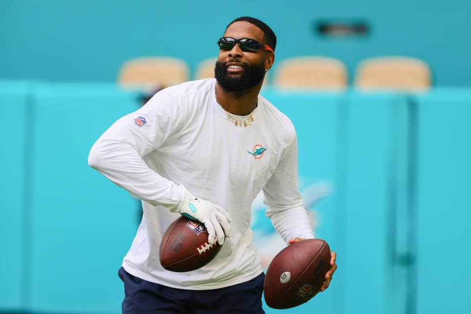 Aug 17, 2024; Miami Gardens, Florida, USA; Miami Dolphins wide receiver Odell Beckham Jr. (3) throws the football before preseason game against the Washington Commanders at Hard Rock Stadium. Mandatory Credit: Sam Navarro-USA TODAY Sports