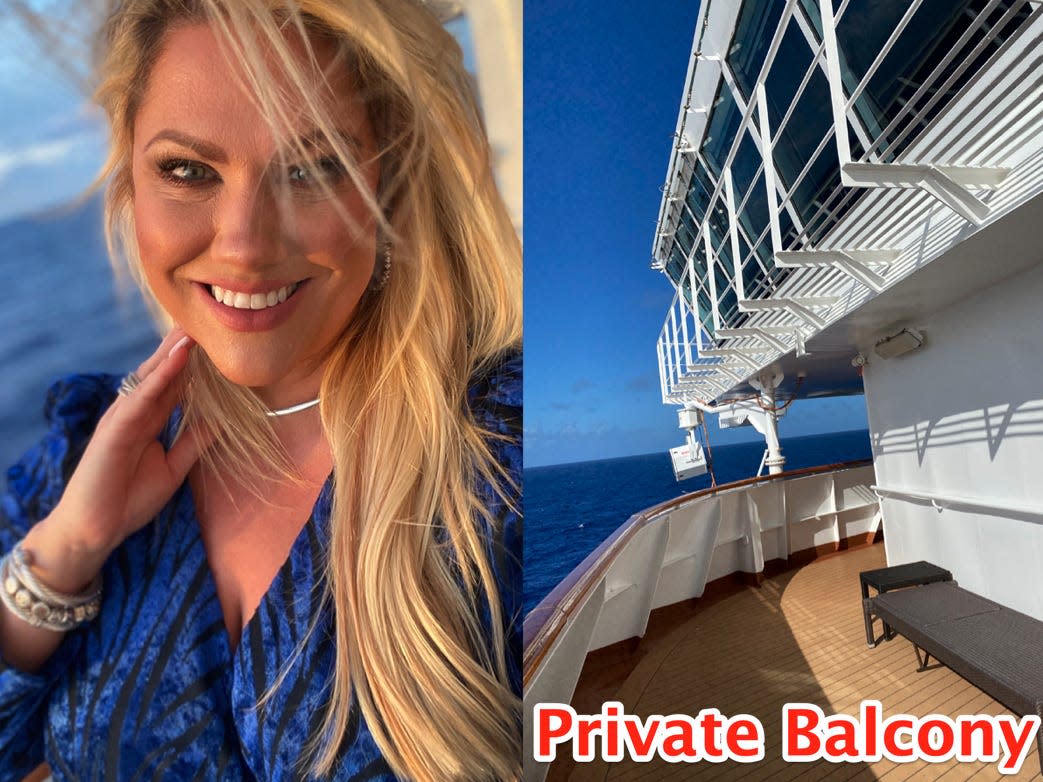 Christine Kesteloo next to photo of her private balcony on a cruise