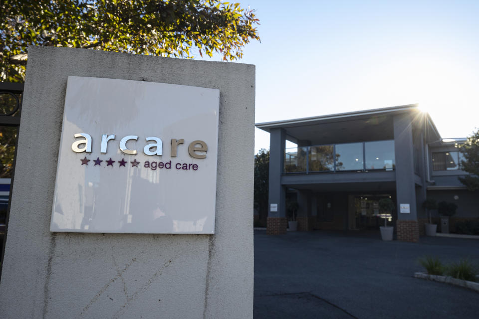 Signage for Arcare Aged Care facility in Maidstone is seen, in Melbourne, Monday, May 31.