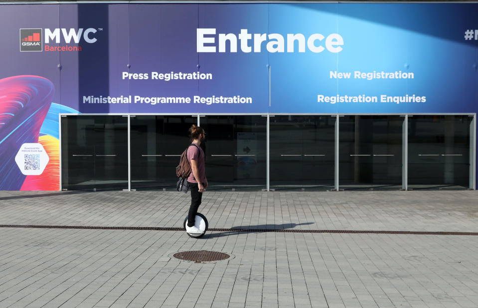 A man rides at Fira de Barcelona after the Mobile World Congress (MWC) was cancelled, in Barcelona, Spain February 13, 2020. REUTERS/Nacho Doce - RC2PZE9ECT2B