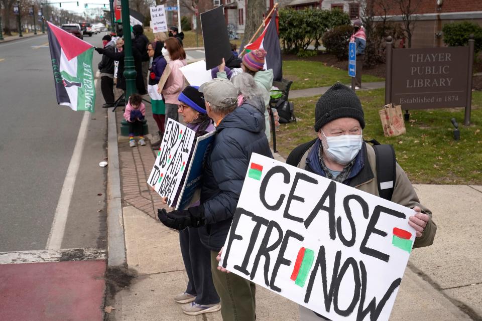 Demonstrators rally Feb. 11, 2024, in Braintree, Mass., calling for a cease-fire in Gaza.