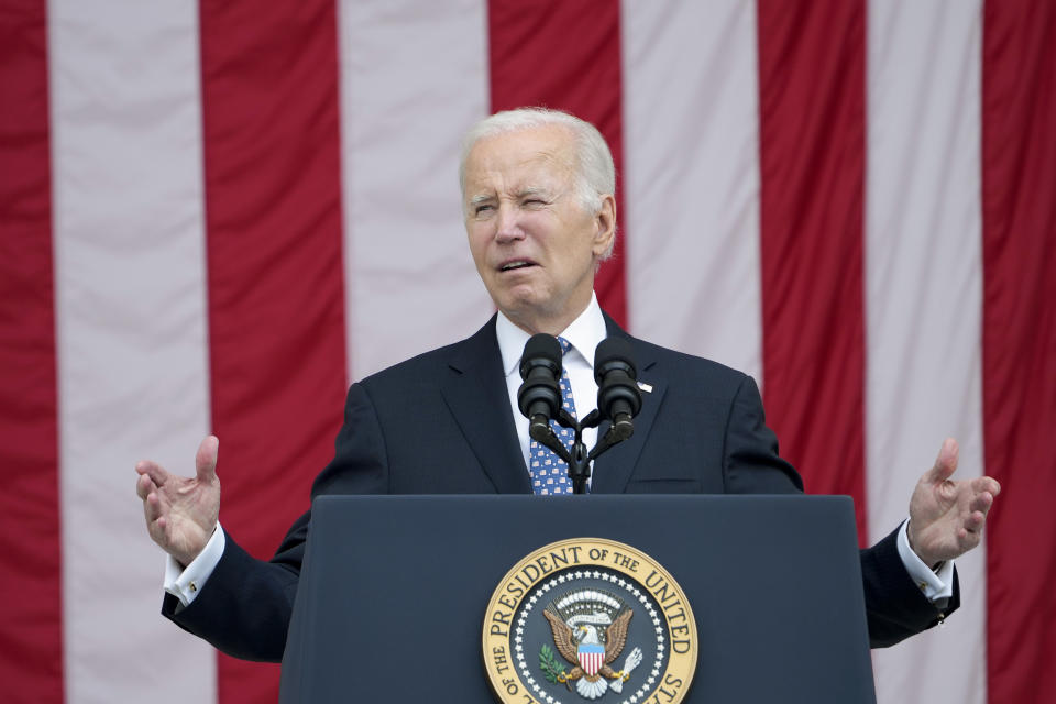 President Joe Biden speaks at the Memorial Amphitheater of Arlington National Cemetery in Arlington, Va., on Memorial Day, Monday, May 29, 2023. (AP Photo/Susan Walsh)