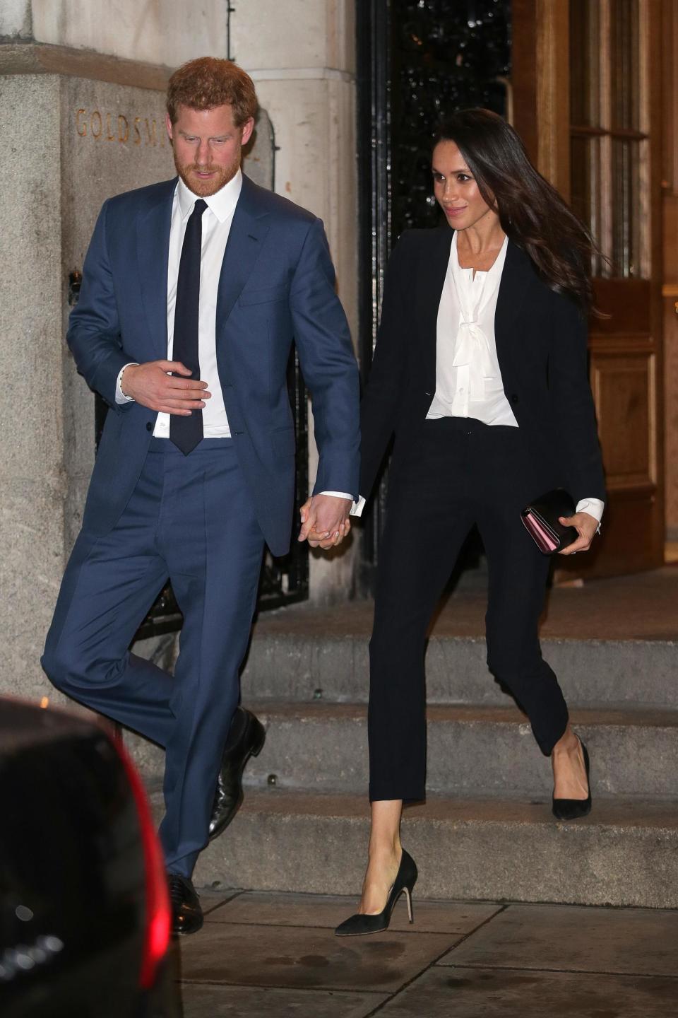 Prince Harry and Meghan Markle attend the Endeavour Awards 2018, the first time Markle wore her Alexander McQueen tuxedo (Getty Images)