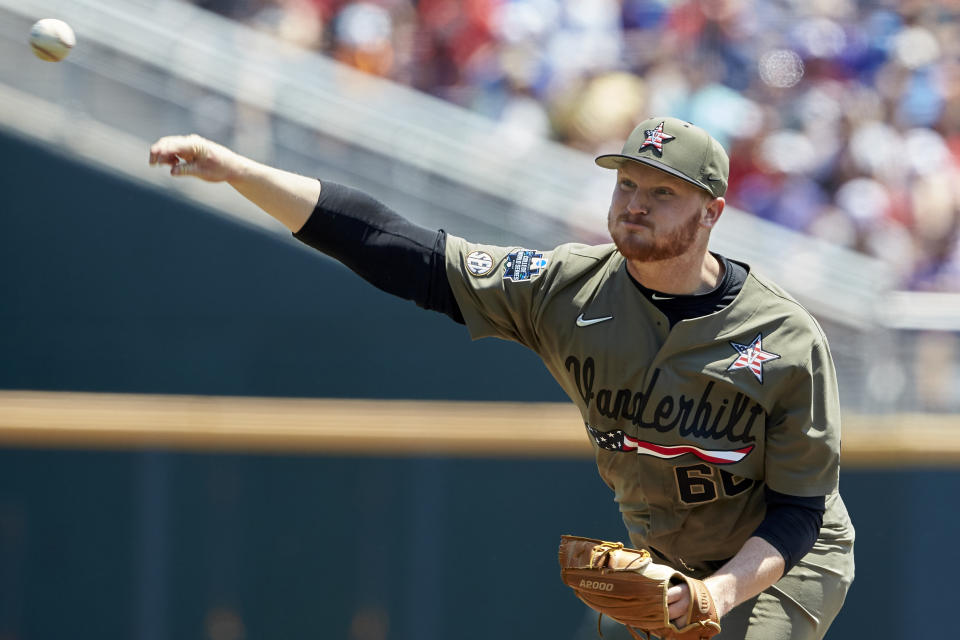 Vanderbilt starting pitcher Drake Fellow throws against Louisville in the first inning of an NCAA College World Series baseball game in Omaha, Neb., Sunday, June 16, 2019. (AP Photo/Nati Harnik)