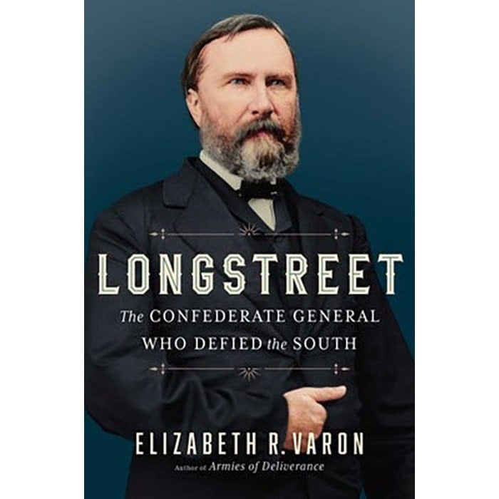 The cover of the biography is a colorized photo portrait of General Longstreet wearing a black suit. 