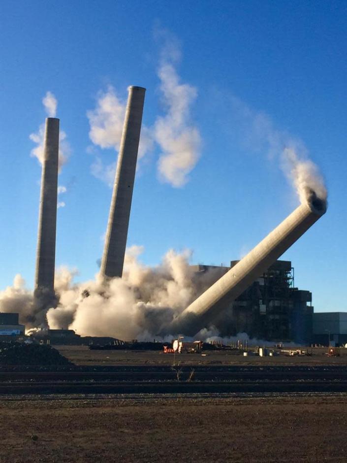 The trio of concrete stacks at the Navajo Generating Station near Page, Arizona being demolished on Friday, Dec 18, 2020.