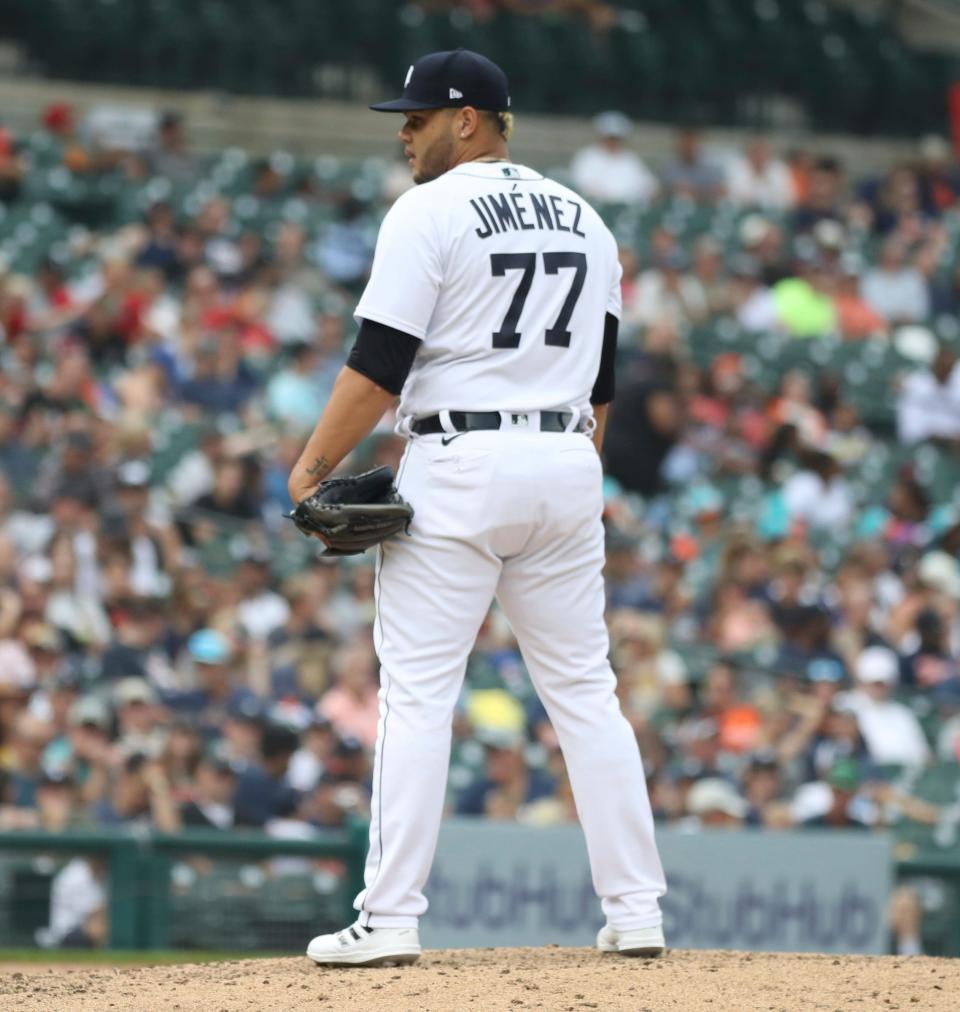 Detroit Tigers reliever  Joe Jimenez (77) pitches against the Los Angeles Angels during eighth-inning action at Comerica Park in Detroit on Saturday, Aug. 20, 2022.