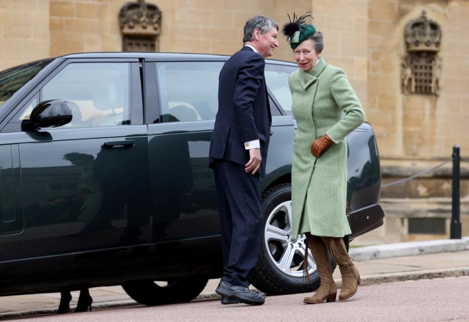 The Princess Royal and vice admiral Sir Tim Laurence arrive for the Easter Mattins service at St George’s Chapel, Windsor Castle (Hollie Adams/PA)