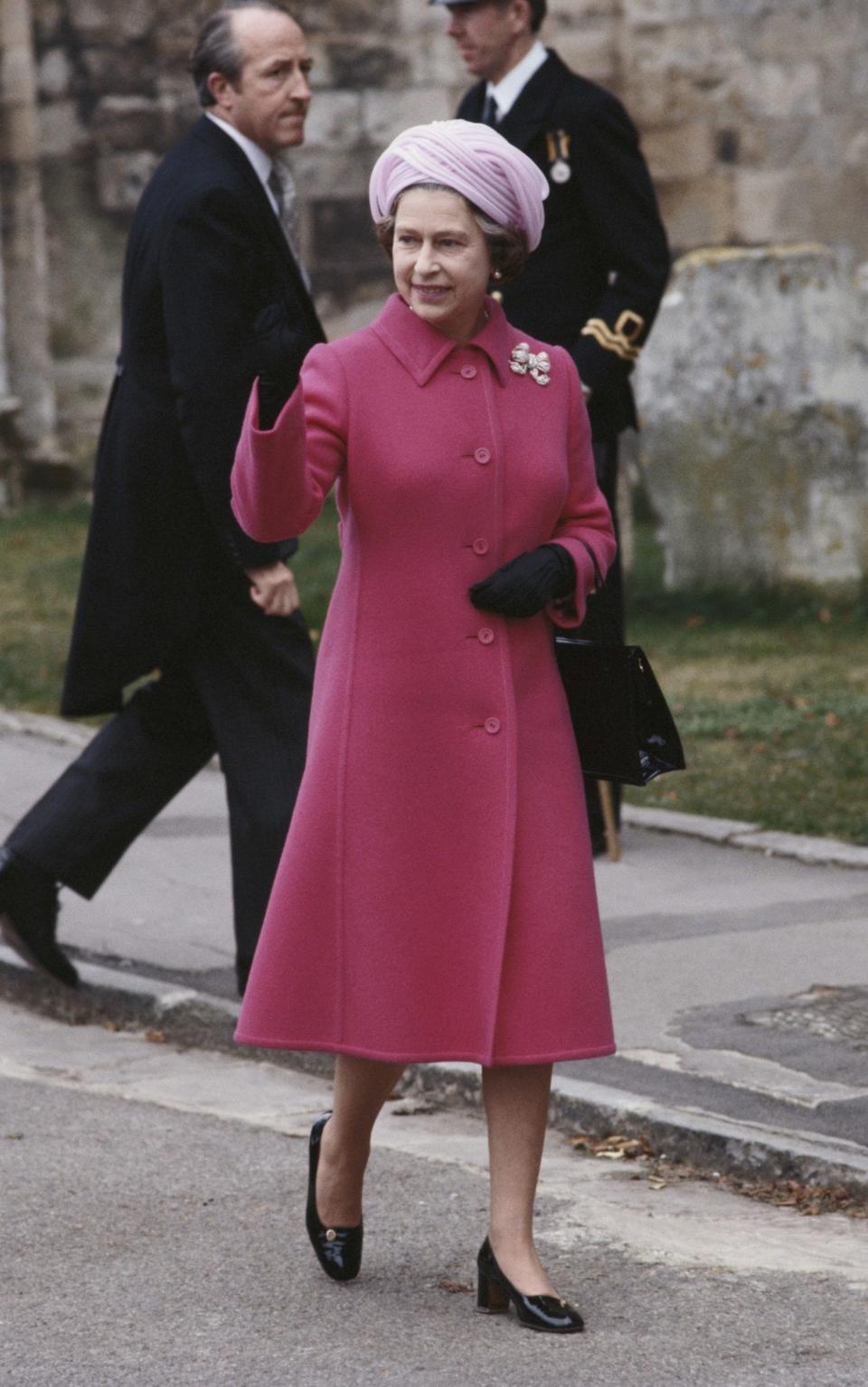 Queen Elizabeth II attending the wedding of Norton Knatchbull, grandson of Earl Mountbatten, and Penelope Eastwood, at Romsey Abbey - Tim Graham