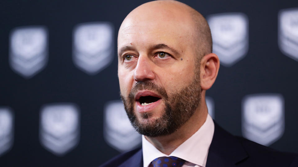 NRL CEO Todd Greenberg is pictured during a press conference in March 2020.