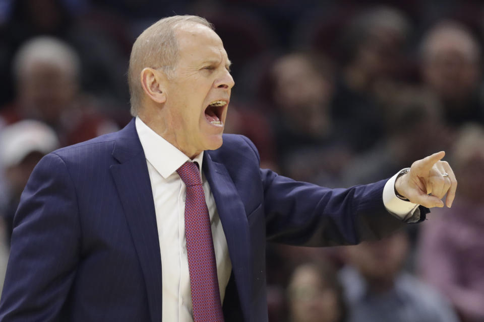 Cleveland Cavaliers head coach John Beilein yells instructions to players in the first half of an NBA basketball game against the New York Knicks, Monday, Jan. 20, 2020, in Cleveland. (AP Photo/Tony Dejak)