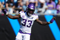 Minnesota Vikings running back Dalvin Cook (33) celebrates during the first half of an NFL football game against the Carolina Panthers, Sunday, Oct. 17, 2021, in Charlotte, N.C. (AP Photo/Jacob Kupferman)