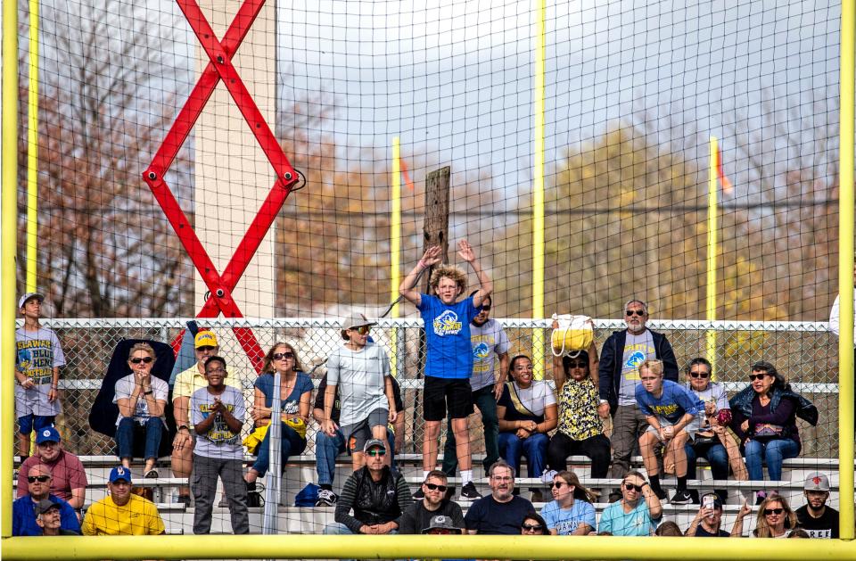 Delaware Blue Hens fans wait behind the net for the field goal during the Hens vs. CAA newcomer the Monmouth Hawks football game at Delaware Stadium, Saturday, Nov. 5, 2022. Delaware won 49-17.