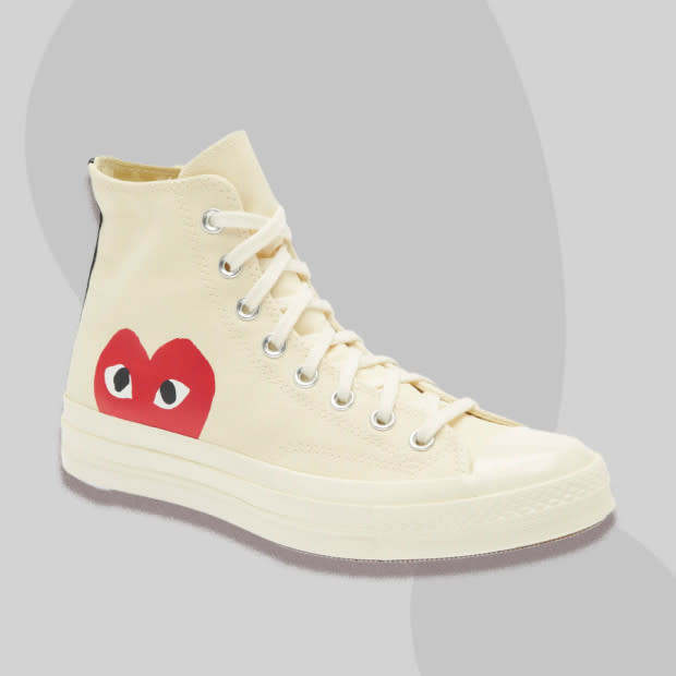 <p>Courtesy of Nordstrom</p><p>Yes, they’ve been a thing for a long time, but these are still a really cool-looking off-white sneaker for men. The long-standing partnership between Commes des Garcons and Converse elevated the retired basketball shoe to a whole new level in the world of men’s style. </p><p>The off-white canvas looks so good underneath the red of the CDG heart logo and complements broken-in, distressed outfits — real hip stuff. Some have even gone as far as to pair them with black suits and t-shirts, and that also looks incredible. Make the style your own; they look great on guys more than they don’t.</p><p>[$150; <a href="https://click.linksynergy.com/deeplink?id=Cb9jYNJMbIo&mid=1237&u1=mj-bestwhitesneakers-amastracci-080723-update&murl=https%3A%2F%2Fwww.nordstrom.com%2Fs%2Fcomme-des-garcons-play-x-converse-chuck-taylor-hidden-heart-high-top-sneaker-men%2F6567238%3F" rel="nofollow noopener" target="_blank" data-ylk="slk:nordstrom.com;elm:context_link;itc:0" class="link ">nordstrom.com</a>]</p>