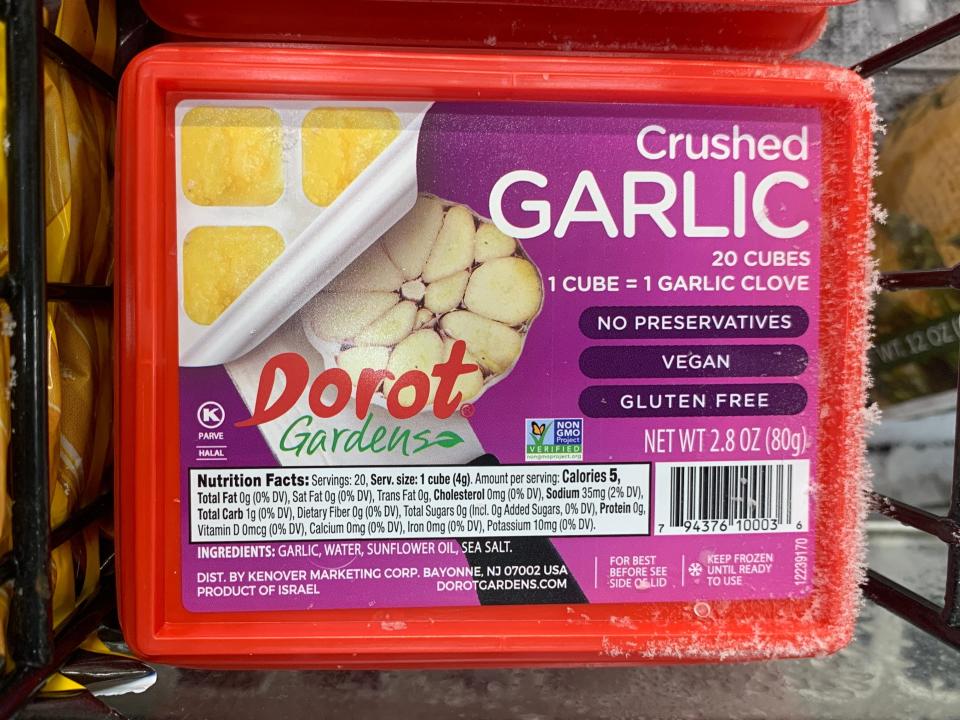 purple and red pack of frozen garlic from Trader Joe's