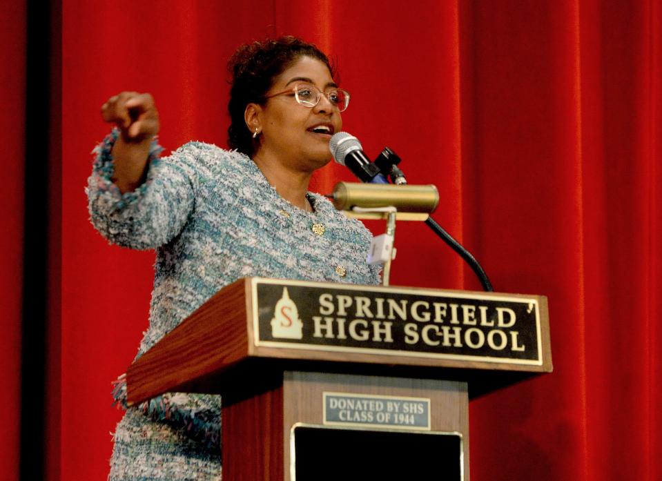 Tracey Meares speaks at Springfield High School where she was awarded the Distinguished Alumni Award and inducted into the SHS Hall of Fame. The 1984 graduate is a Yale Law School professor and the subject of the documentary "No Title For Tracey."