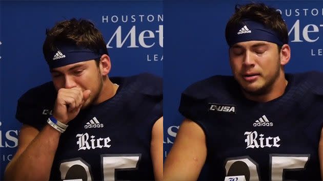 Tears stream down Luke's face demonstrating how powerful a coach-player relationship can be. Photo: YouTube