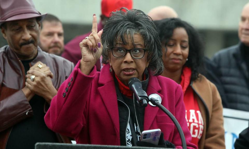 Terri Kimber Edwards spoke about how her father, the late Fresno City Councilmember Les Kimber, organized the inaugural Martin Luther King Jr. celebration 40 years ago. She spoke during the MLK Unity Parade during a brief stop at Fresno City Hall on Jan. 15, 2024.