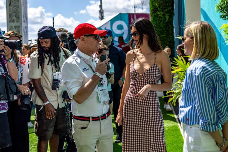 American fashion designer Tommy Hilfiger, left, media personality Kendall Jenner, center, and managing director of F1 Academy, Susie Wolff, right, speak during day one of Formula One Miami Grand Prix