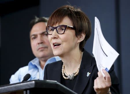 Cindy Blackstock (R), executive director of the First Nations Child and Family Caring Society Caring Society, speaks during a news conference regarding a ruling by the Canadian Human Rights Tribunal with Assembly of First Nations National Chief Perry Bellegarde in Ottawa, Canada, January 26, 2016. REUTERS/Chris Wattie