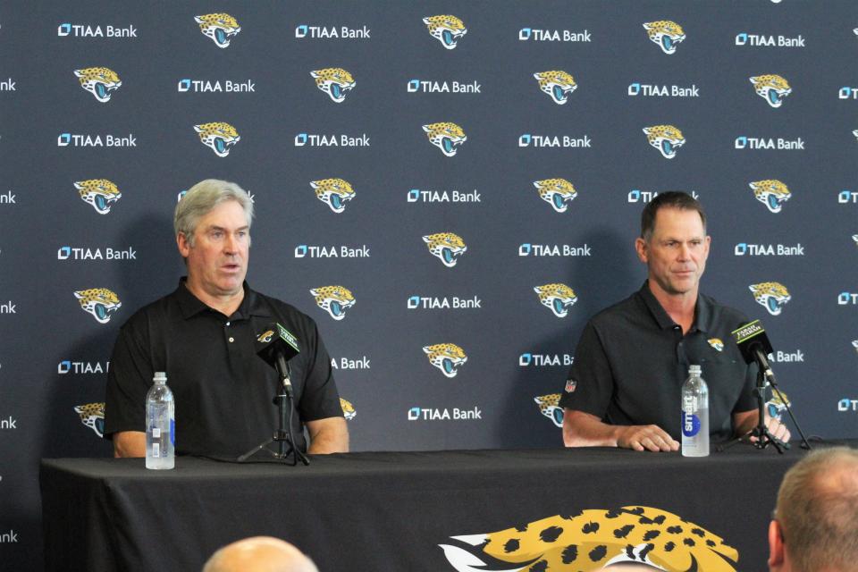Jaguars head coach Doug Pederson (right) and general manager Trent Baalke (left) talks to media during a pre-draft luncheon on Thursday, April 20, 2023.