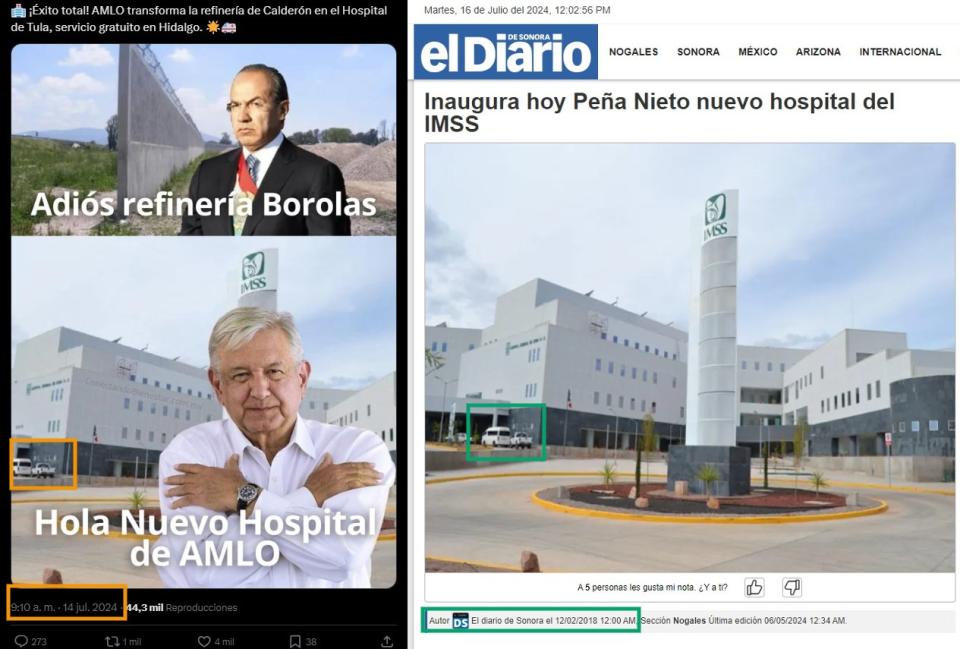 <span>Comparación de capturas de pantalla de una publicación en X (I) y una entrada de El Diario de Sonora, hecha el 16 de julio de 2024</span>