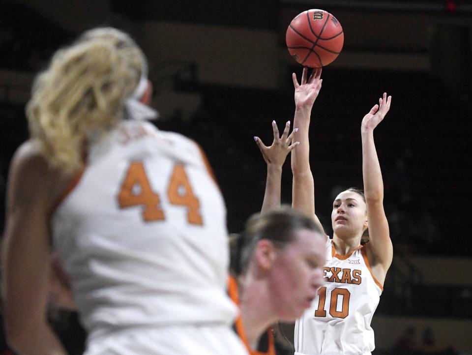 Texas guard Shay Holle shoots against Oklahoma State during the Big 12 semifinals in March. She labels herself as a senior but still has one year of eligibility left thanks to the NCAA's COVID-19 exemption. She thinks she'll use it.