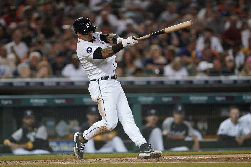 Detroit Tigers' Javier Baez hits a two-run home run against the Kansas City Royals in the fifth inning of a baseball game in Detroit, Friday, Sept. 2, 2022. (AP Photo/Paul Sancya)