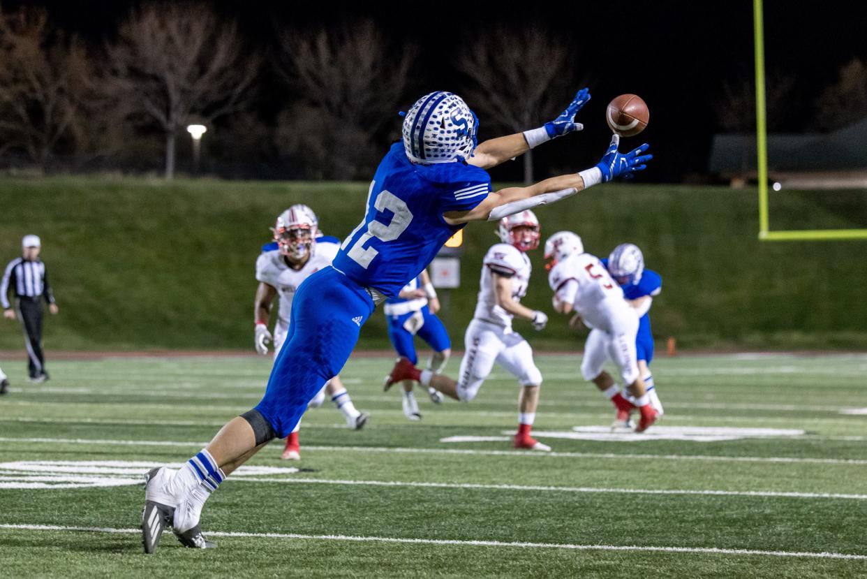 Stratford’s Luke Braden (12) catching the pass during a state quarterfinal game Friday December 3rd, Stratford vs Wellington in Amarillo, TX. Trevor Fleeman/For Amarillo Globe-News.